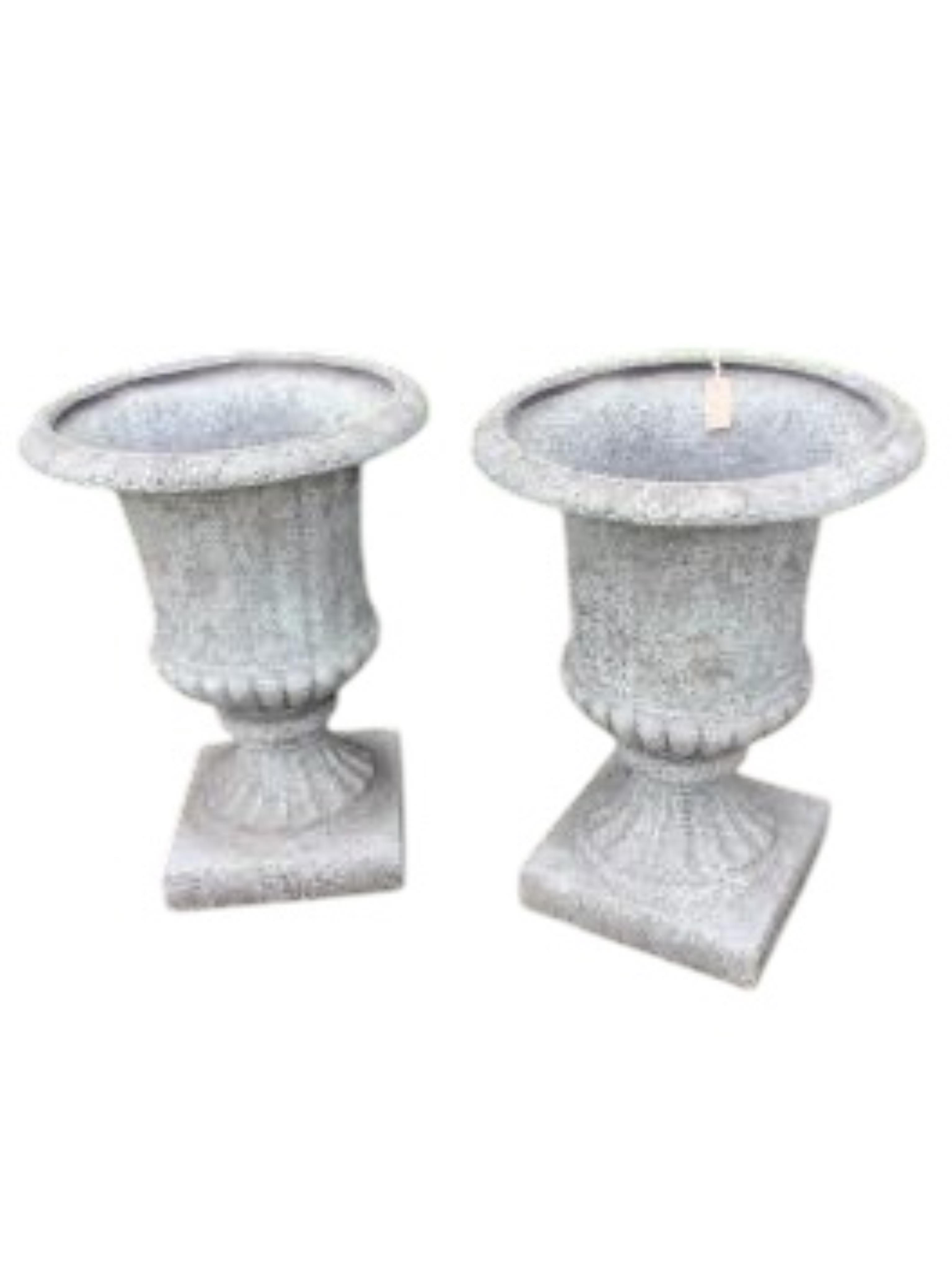 A pair of circular Fibreclay campana garden urns, diameter 54cm, height 72cm